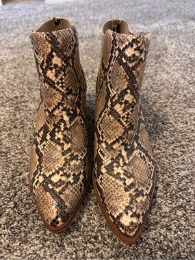 Chinese Laundry Snake-Print Pointed Ankle Boots in Brown and Black